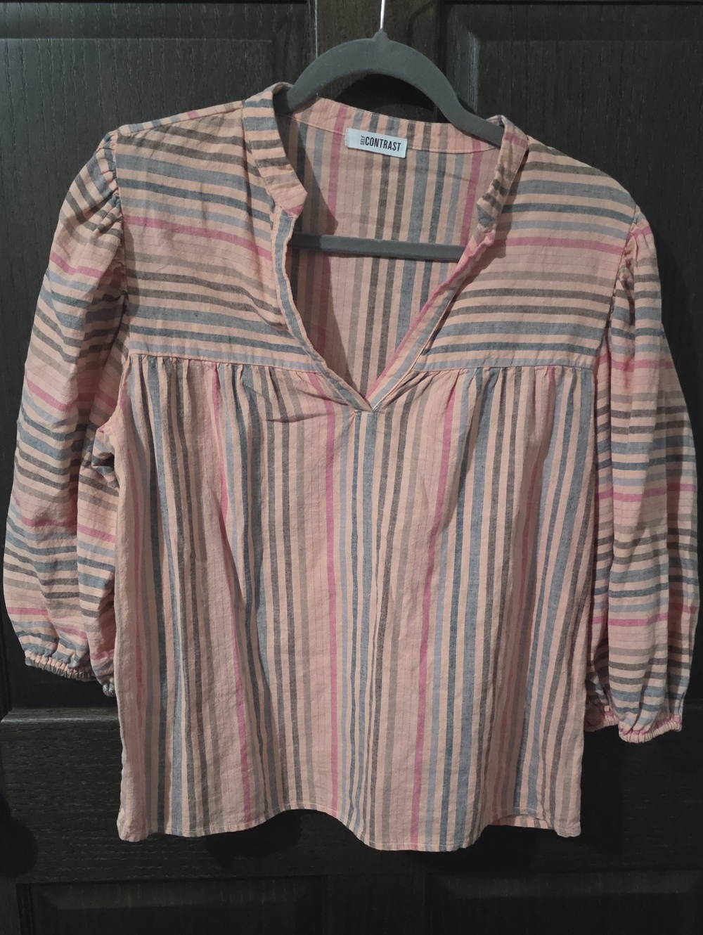 Self Contrast Striped Puff-Sleeve Boho Peasant Blouse